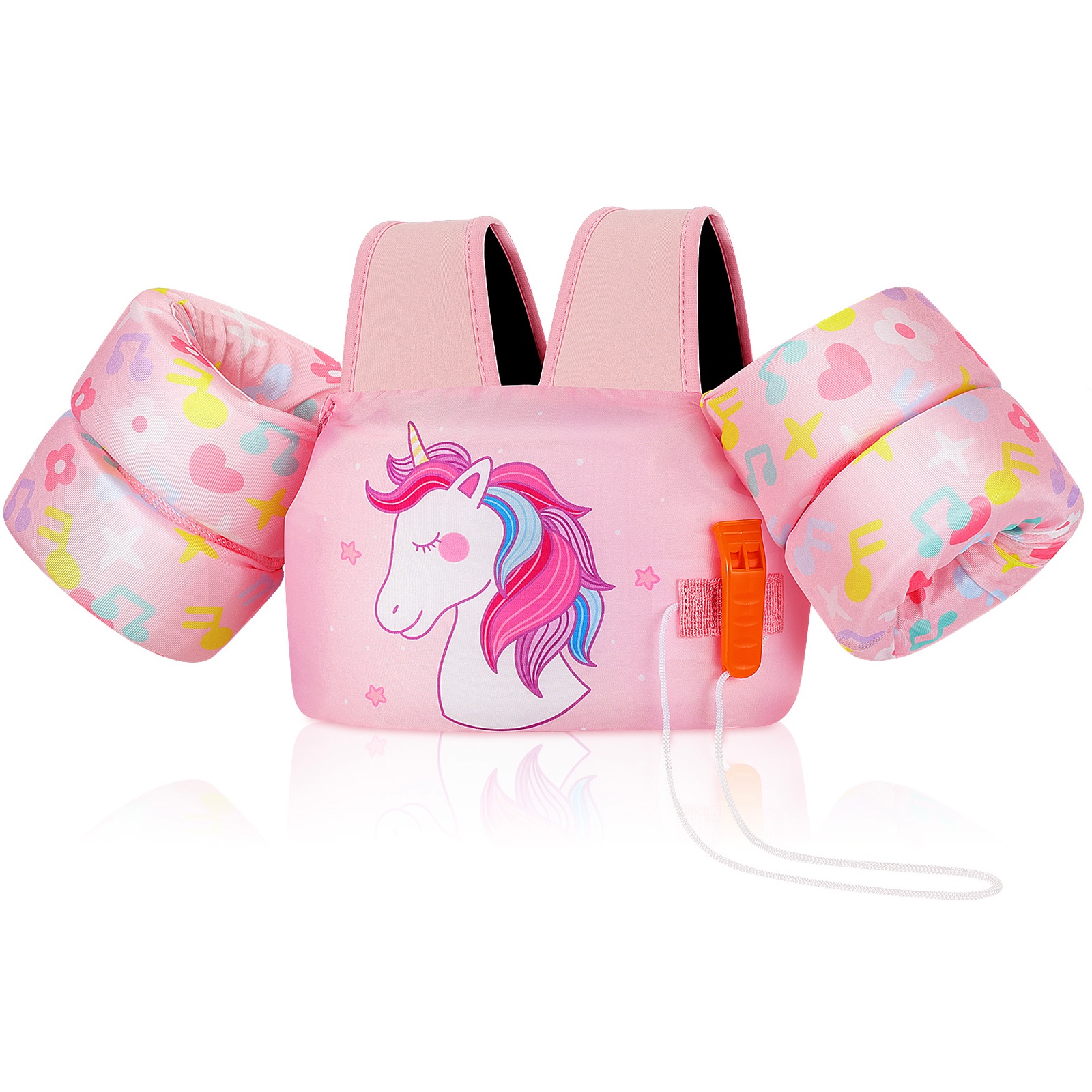 MoKo Kids Floaties Vest for 25-60 lbs with Whistle, Water Wing Swimming Training Equipmen, Pink Unicorn